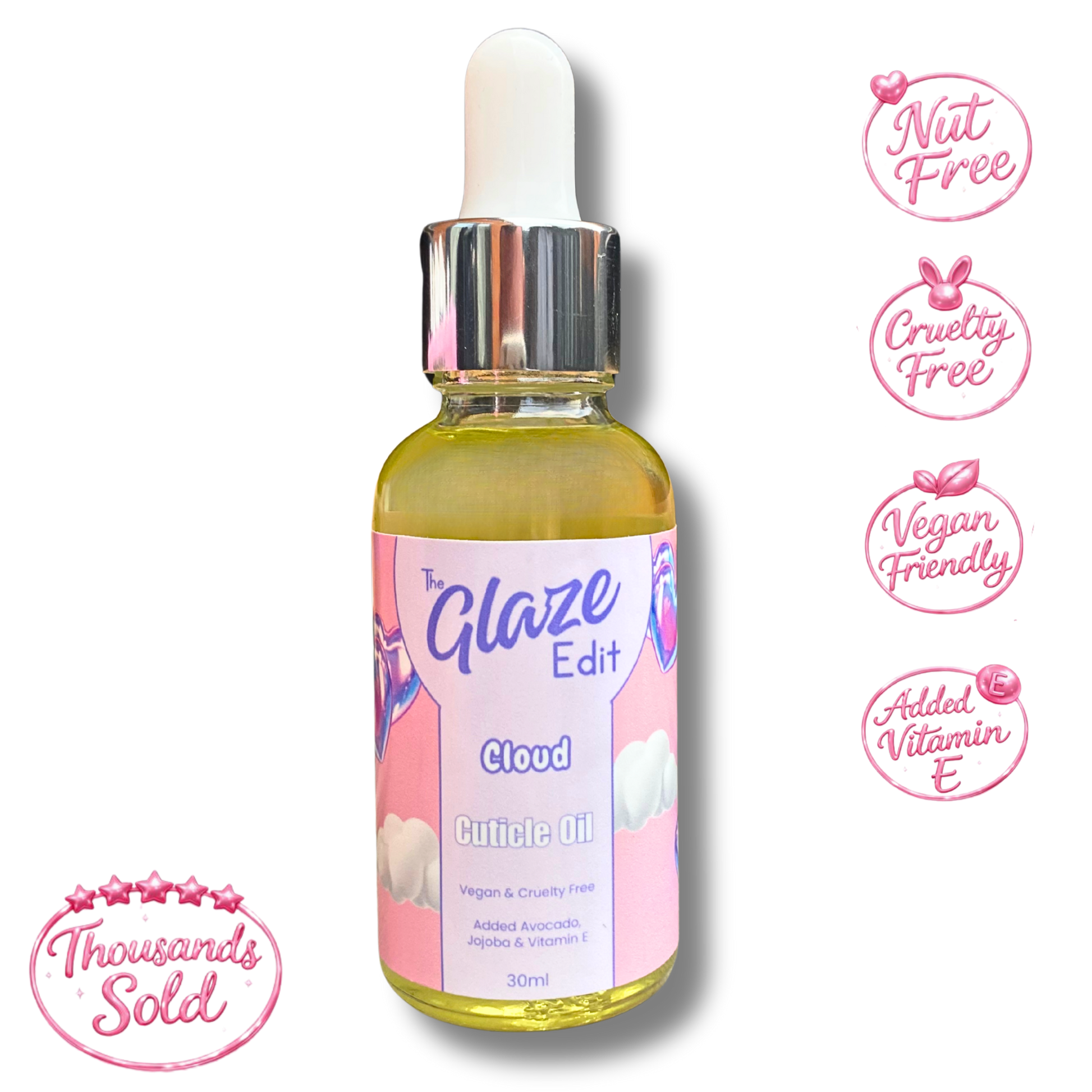 Bottle of 'The Glaze Edit' cloud puffle oil with a dropper on a white background.