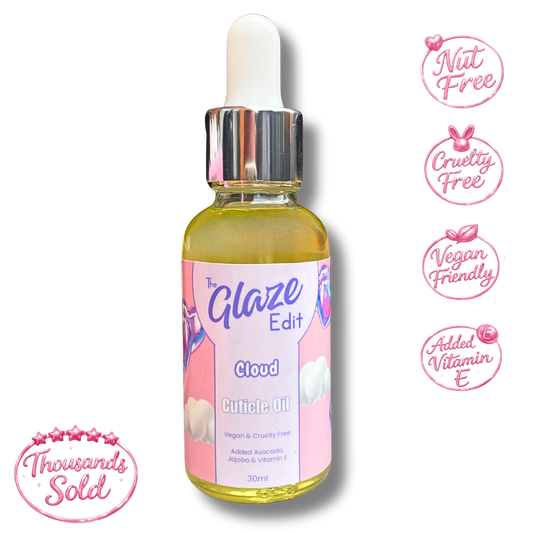 Bottle of 'The Glaze Edit' cloud puffle oil with a dropper on a white background.