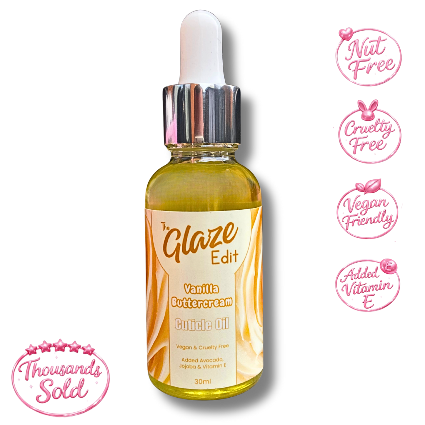 Bottle of 'The Glaze Edit' vanilla buttercream piping oil with dropper on a white background.