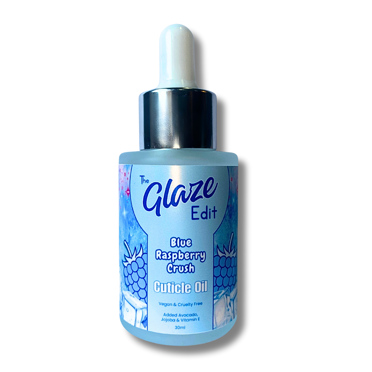 Bottle of 'The Glaze Edit' blue raspberry crush cuticle oil on a white background