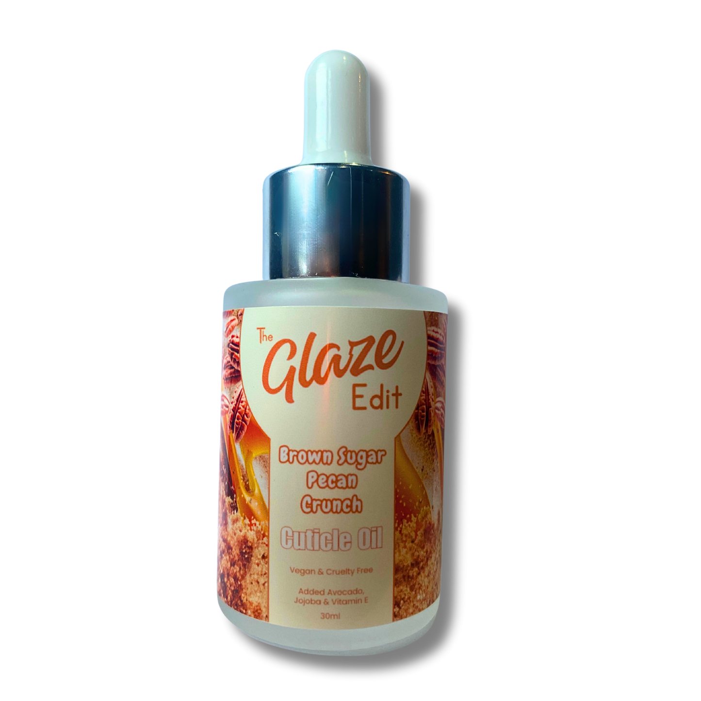 Bottle of 'The Glaze Edit' brown sugar pecan crunch cuticle oil on a white background