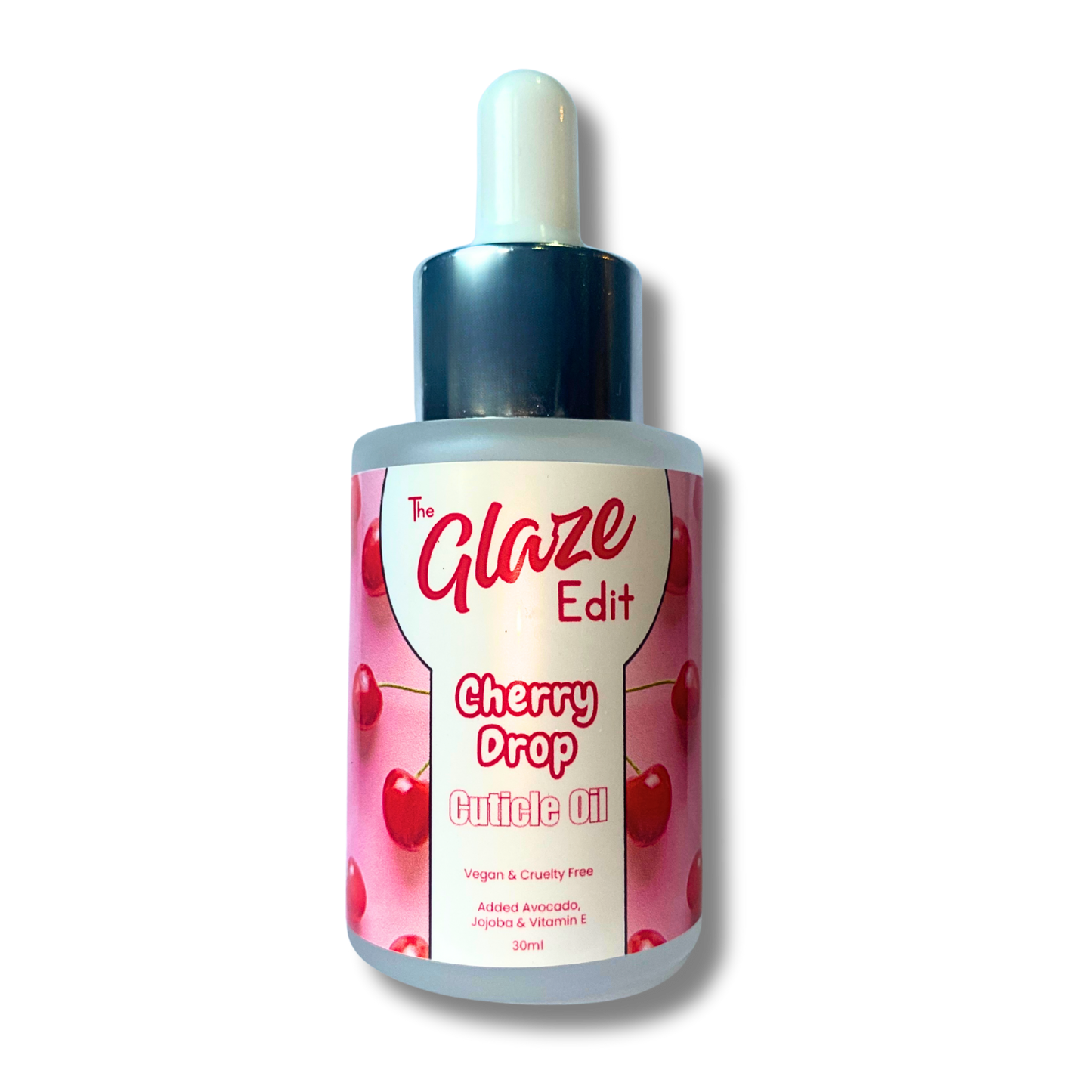 Bottle of 'Cherry Drop' cuticle oil from 'The Glaze Edit' on a white background