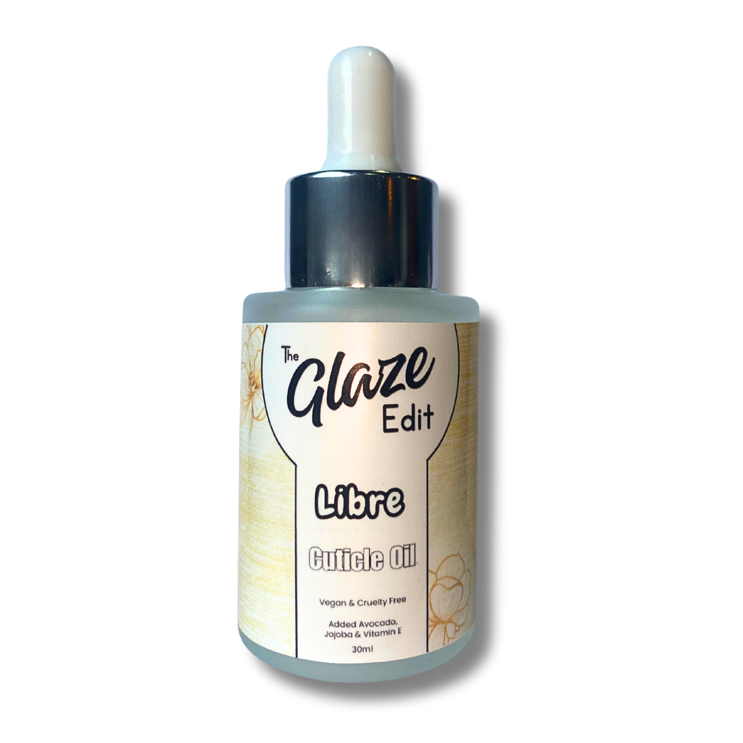Bottle of 'The Glaze Edit Libre Cuticle Oil' on a white background