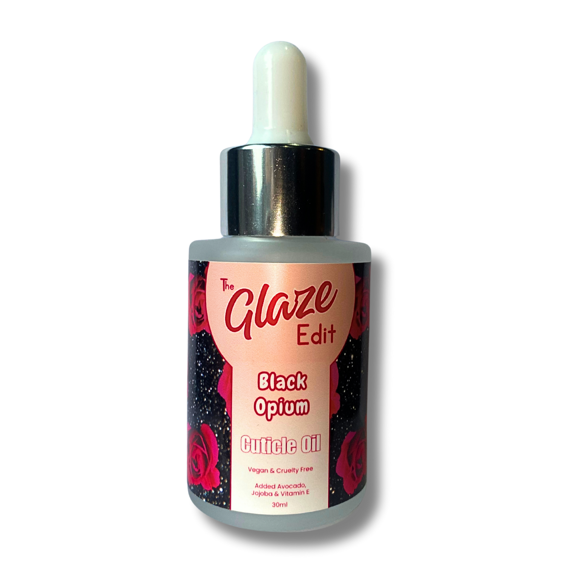 Bottle of 'Black Opium' cuticle oil from 'The Glaze Edit' on a white background