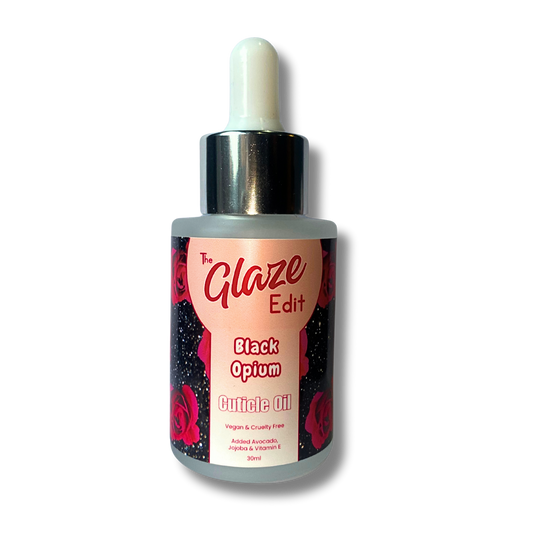 Bottle of 'Black Opium' cuticle oil from 'The Glaze Edit' on a white background