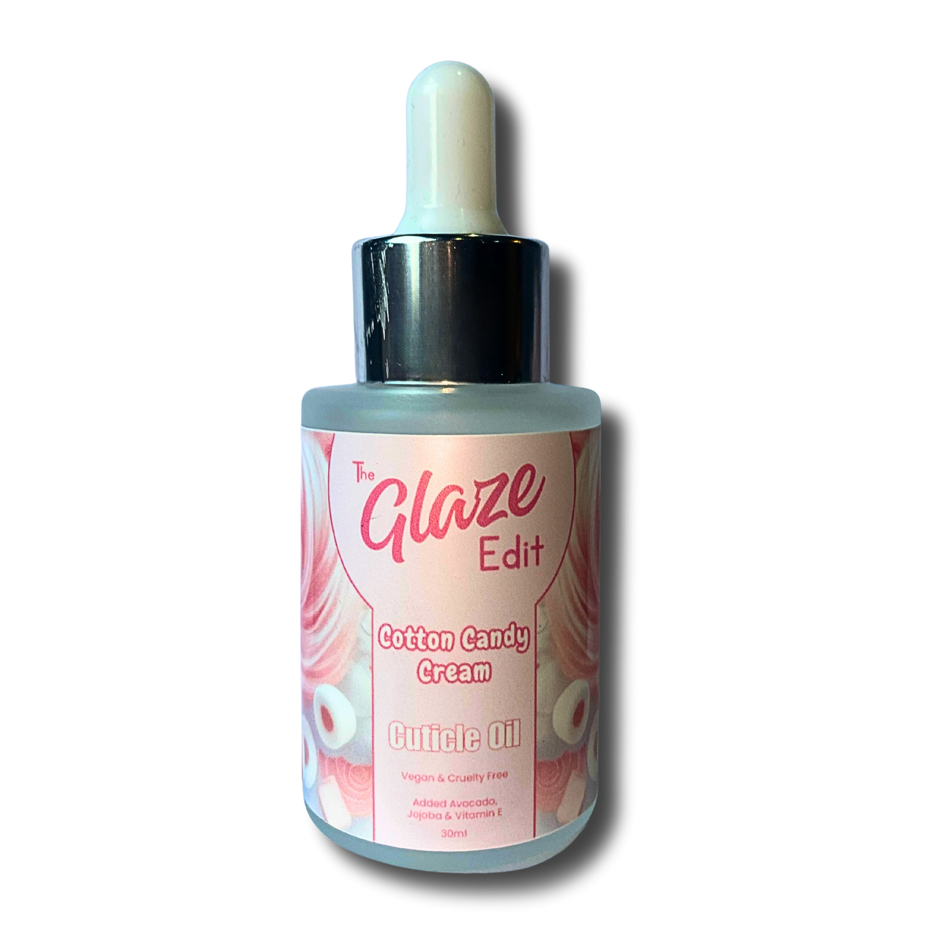 Bottle of 'The Glaze Edit' cotton candy cream cuticle oil on a white background